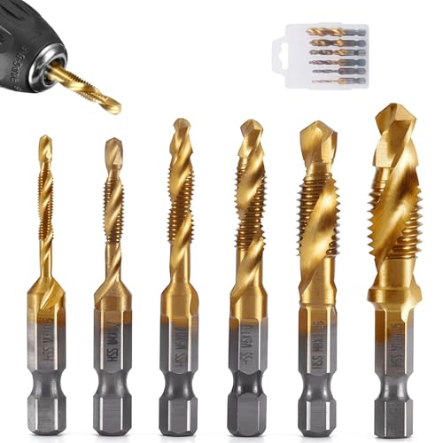 1/4"Bohrer Gewindebohrer Set Metall,6PCS Sechskantschaft Bohrer Set, HSS Spiralgewindebohrer Metrisches Gewinde, Spiralschrauben Gewindeschneider Set, für Holz, Kunststoff, Aluminium, Metall, Blech von Caiscend