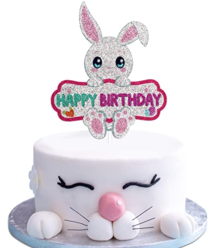 Cartoon Bunny Happy Birthday Kuchenaufsatz – Happy Spring Glitzer Kaninchen Eier Kuchen Zubehör – Christlicher Osterhase Kinder Geburtstag Party Favors Dekoration von Caiwowo