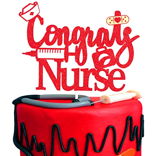 Congrats Nurse Graduation Cake Topper – Future Nurse Class Of 2023 RN Grade Red Glitter Needle Cake Supplies – Medizinische Schule, Krankenpflege, Abschlussfeier, Party-Dekoration von Caiwowo