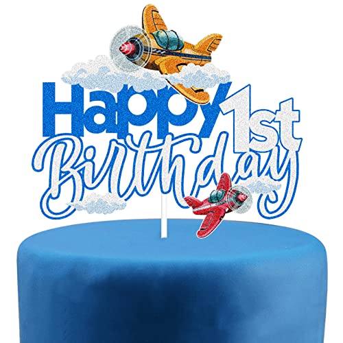 Flugzeug Happy 1st Birthday Blue Cake Topper - Airplane Time Flies Party Blue Baby Shower Glitter Cake Topper - Vintage Plane Baby First Birthday Party Dekoration von Caiwowo