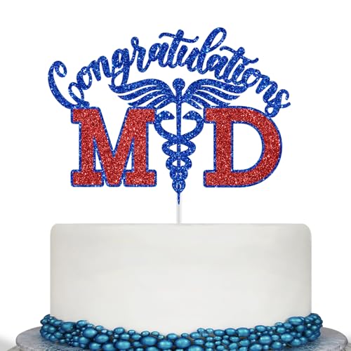 Congratulations MD Cake Topper, Congrats Doctor, Überlebender der Mittelschule, Doktor Abschluss, Medizinische Schule, Abschlussfeier, Party-Dekorationen, Blau und Rot Glitzer von Calarjeta