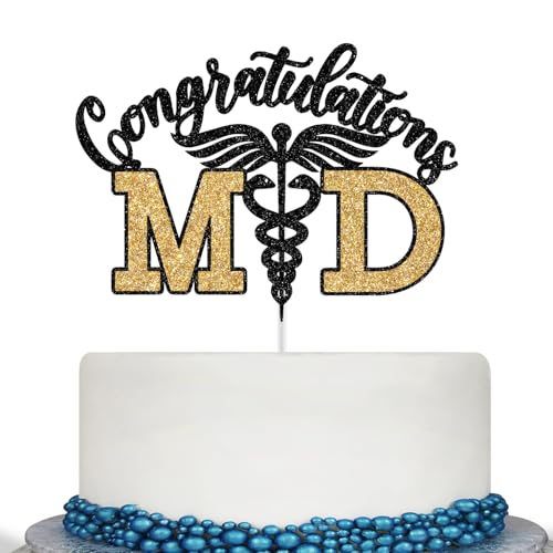 Congratulations MD Cake Topper, Congrats Doctor, Überlebender der Mittelschule, Doktor Abschluss, Medizinische Schule, Abschlussfeier, Party-Dekorationen, Schwarz und Gold Glitzer von Calarjeta