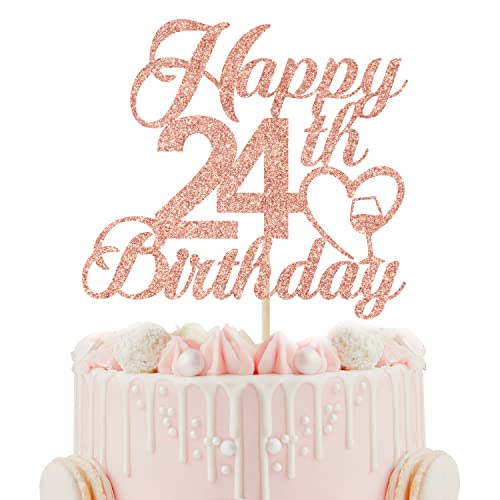 Happy 24th Birthday Cake Topper - 24th Birthday Decorations for Women - Cheers to 24 Years, Hello 24, 24th Birthday Anniversary Party Decorations, Rose Gold Glitter von Calarjeta