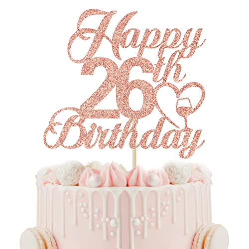 Happy 26th Birthday Cake Topper - 26th Birthday Decorations for Women - Cheers to 26 Years, Hello 26, 26th Birthday Anniversary Party Decorations, Rose Gold Glitter von Calarjeta