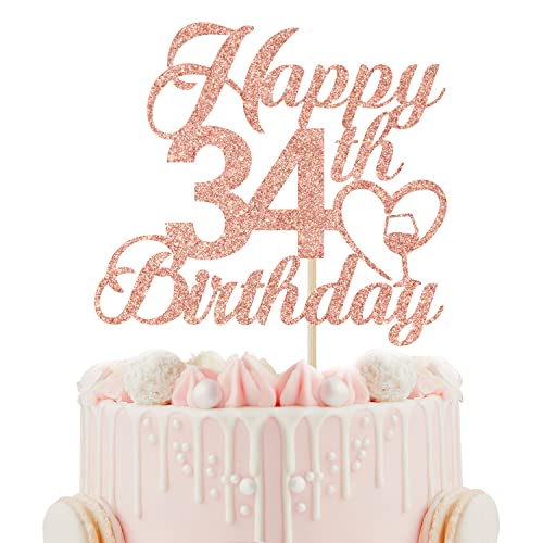 Happy 34th Birthday Cake Topper - 34th Birthday Decorations for Women - Cheers to 34 Years, 34 and Fabulous, 34th Birthday/Anniversary Party Decorations, Rose Gold Glitter von Calarjeta