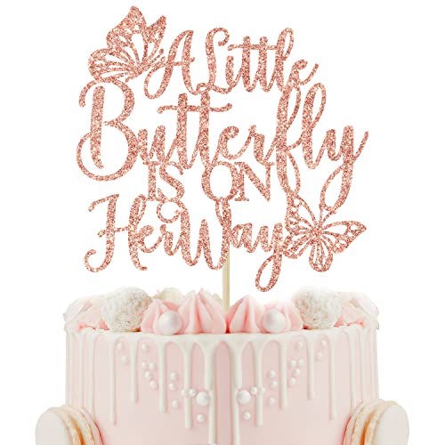 Kuchendekoration "A Little Butterfly is on Her Way" – Gender Reveal Baby Shower Kuchendekoration, Willkommen Baby Mädchen, Schmetterling Baby Shower Party Supplies, Rose Gold Glitter von Calarjeta