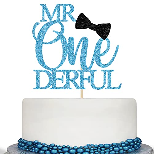 Mr Onederful Cake Topper - Boy 1st Birthday Cake Topper, Boy Baby Shower Cake Decor, Baby Boy One Year Old Birthday Party Dekorationen, Blue Glitter von Calarjeta