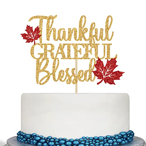 Thankful Grateful Blessed Cake Topper - Thanksgiving Cake Decor - Give Thanksgiving Happy Friends Giving, Thanksgiving Party Dekorationen, Gold und Rot Glitzer von Calarjeta