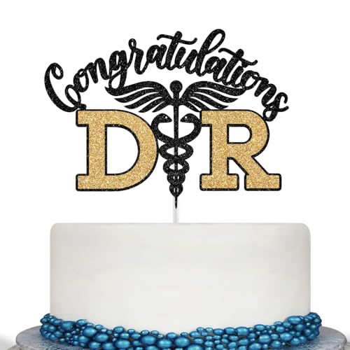 Tortenaufsatz mit Aufschrift "Congratulations Dr. Congrats Doctor", medizinische Abschlussdekoration, Doktorandendekoration, schwarz-goldener Glitzer von Calarjeta