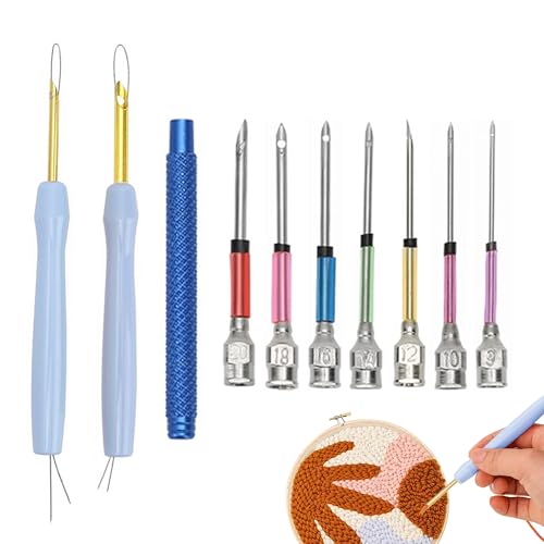 12 Stück Punch Needle Set 7 Größen Stanznadeln mit 1 Griffen Solide und Langlebig Stanznadel-Einfädler Stickerei Starter Kit Einfach zu Bedienen Punch Needle für Stickgarn Kreuzstich Anfänger von Caldamn