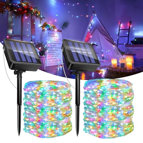 2 Stück Solar Lichterkette Aussen, 12M 120LED Solar Lichterkette Weihnachtsbeleuchtung Außen, IP65 Wasserdicht Kupferdraht, 8 Modi, Lichterkette für Garten, Hochzeit, Party, Weihnachten Deko(Bunt) von Caldarax