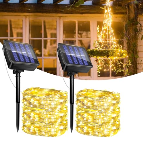 Caldarax 2 Stück Solar Lichterkette Aussen, 12M 120LED Solar Lichterkette Außen, IP65 Wasserdicht Kupferdraht, 8 Modi, Lichterkette für Garten, Balkon, Terrasse, Bäume, Hof, Hochzeit, Party(Warmweiß) von Caldarax