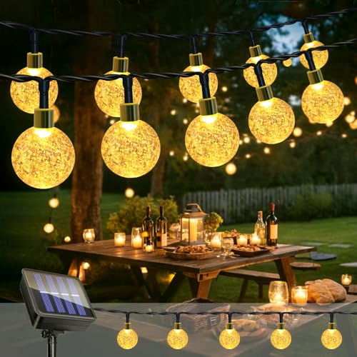 Solar Lichterkette Aussen, 11M 60LEDs Lichterkette Außen Solar Kristall Kugeln, IP65 Wetterfest, 8 Modes, Deko für Garten, Balkon, Terrassen, Weihnachten, Hochzeiten, Partys, Bäume(Warmweiß) von Caldarax