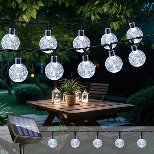 Caldarax Solar Lichterkette Aussen, 11M 60LEDs Lichterkette Außen Solar Kristall Kugeln, IP65 Wetterfest, 8 Modes, Deko für Garten, Balkon, Terrassen, Weihnachten, Hochzeiten, Partys, Bäume(Kaltweiß) von Caldarax