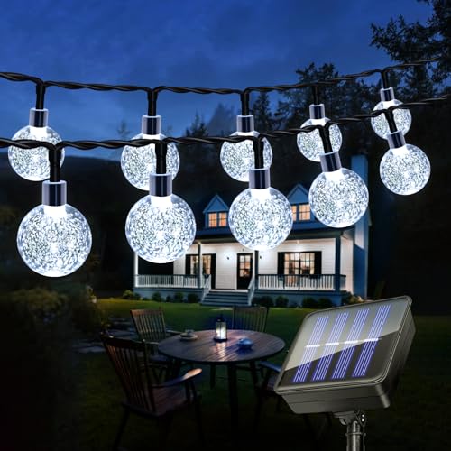 Caldarax Solar Lichterkette Aussen 8M, 30 LED Lichterkette Außen Solar, IP65 Wasserdicht, 8 Modi Kristall Kugeln für Garten, Balkon Deko, Terrassen, Weihnachten, Hochzeit, Party, Bäume (Kaltweiß) von Caldarax