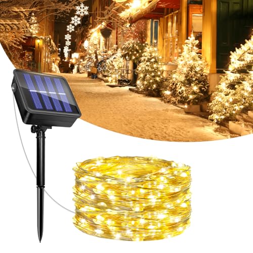 Solar Lichterkette Aussen 5M, 50LED Solarlichterkette Außen Wetterfest IP65 Wasserdicht, 8 Modi Kupferdraht Lichterkette Solar für Garten, Balkon, Terrasse, Hof, Weihnachten, Hochzeit Deko (Warmweiß) von Caldarax