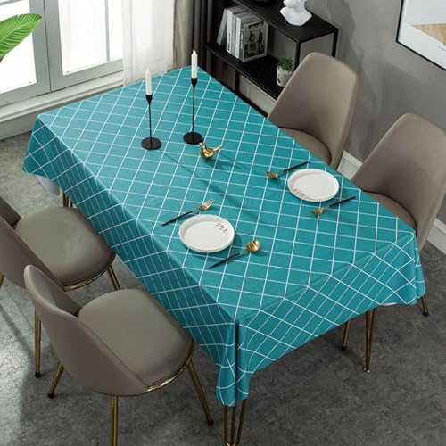 Calafee Abwaschbare Tischdecke Outdoor 100x160 cm, Tischdecke Wasserdicht PVC 2-4 Personen Einfarbig Seeblau mit Weißem Linienmuster Tischtücher Hochzeit Deko von Calefee