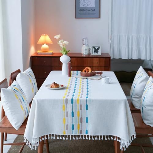 Calafee Tischdecke 110x170 cm Rechteckig, Tischdecke Polyester Abwaschbar 4-6 Personen Geometrisch Bestickt mit Quasten Tischtücher für Esstisch von Calefee