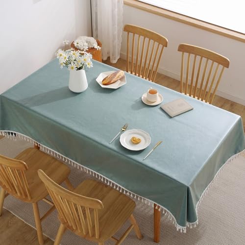 Calafee Tischdecke 120x170 cm Rechteckig, Tischdecke Abwaschbar Polyester 4-6 Personen Einfarbig Cyan mit Quasten Tischdeko für die Küche von Calefee