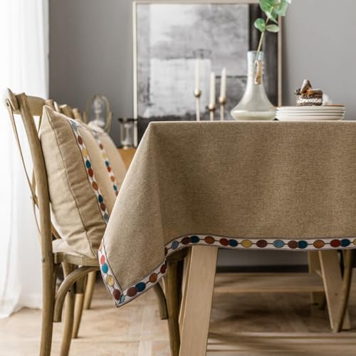 Calafee Tischdecke 130x260 cm Rechteckig, Tischdecke Polyester Abwaschbar 6-8 Personen Einfarbig Khaki mit Besticktem Rand Tischwäsche Landhausstil Deko von Calefee