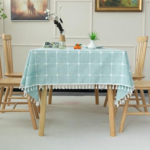 Calafee Tischdecke 140x180 cm Rechteckig, Tischdecke Abwaschbar Polyester 4-6 Personen Seegrünes Plaid mit Quasten Tischwäsche für die Küche von Calefee