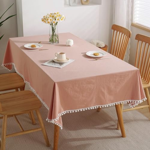 Calafee Tischdecke 140x180 cm Rechteckig, Tischdecke Fleckenschutz Leinen 4-6 Personen Einfarbiges Rosa mit Pompons Tischwäsche Landhausstil Deko von Calefee