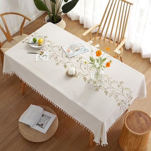 Calafee Tischdecke 140x220 cm Rechteckig, Tischdecke Polyester Fleckenschutz 6-8 Personen Blätter mit Quasten Bestickt Tischdecke für Esstisch Deko von Calefee