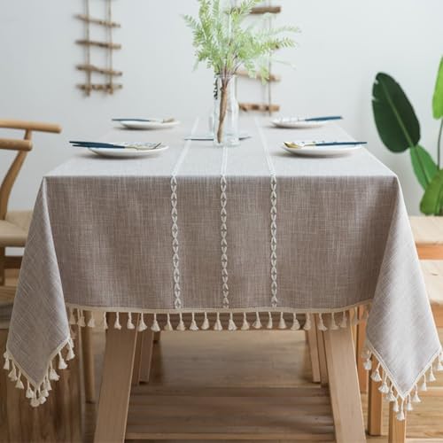 Calafee Tischdecke 140x240 cm Rechteckig, Tischdecke Polyester Fleckenschutz 6-8 Personen Einfarbig Hellkaffee mit Quasten Tischtücher Hochzeit Deko von Calefee