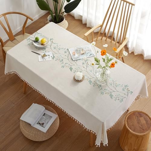 Calafee Tischdecke 140x260 cm Rechteckig, Tischdecke Polyester Abwaschbar 6-8 Personen Blätter mit Quasten Bestickt Tischdecke für Couchtisch von Calefee