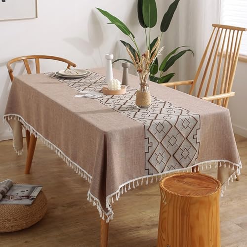 Calafee Tischdecke 140x260 cm Rechteckig, Tischdecke Polyester Abwaschbar 6-8 Personen Geometrisch Bestickt mit Quasten Tischtücher Esszimmer Deko von Calefee