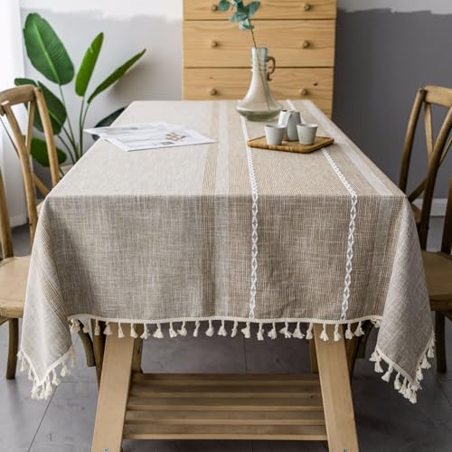 Calafee Tischdecke 140x300 cm Rechteckig, Tischdecke Abwaschbar Polyester 8-10 Personen Kaffeefarbene Streifen mit Quasten Tischdecke für Esstisch Deko von Calefee