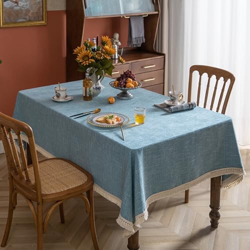 Calafee Tischdecke 150x260 cm Rechteckig, Tischdecke Abwaschbar Polyester 6-8 Personen Blaues Waffelmuster mit Quasten Tischwäsche für die Küche von Calefee