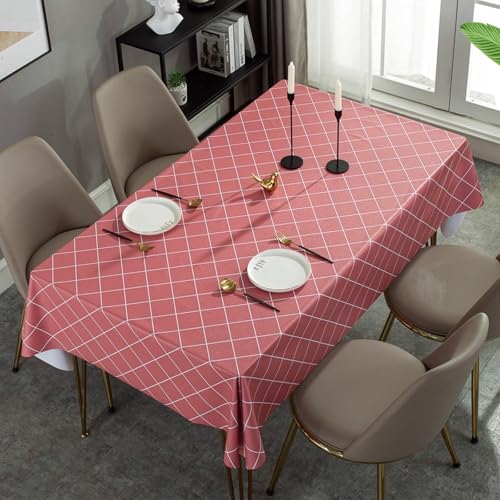 Calafee Tischdecke Fleckschutz 90x90 cm, Tischdecken Wasserdicht PVC Abwaschbare 2 Personen Einfarbiges Rosa mit Weißem Linienmuster Tischtücher Esszimmer Deko von Calefee