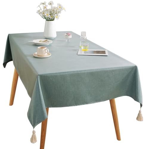 Calafee Tischdecke Klein 90x130 cm, Tischdecke Polyester Fleckenschutz 2-4 Personen Einfarbig Cyan mit Quasten Tischwäsche für die Küche von Calefee