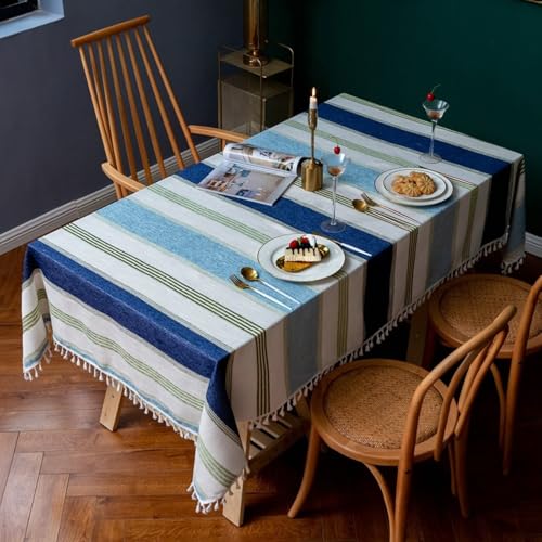 Calafee Tischdecke Klein 90x90 cm, Tischdecke Abwaschbar Leinen 2 Personen Streifen mit Quasten Tischwäsche Landhausstil Deko von Calefee