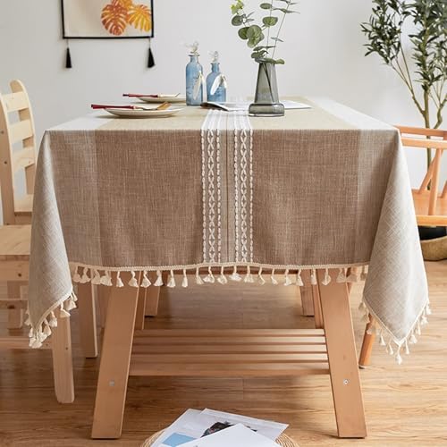 Calafee Tischdecke Klein 90x90 cm, Tischdecke Abwaschbar Polyester 2 Personen Kaffeefarbene Streifen mit Quasten Tischdecke für Esstisch Deko von Calefee