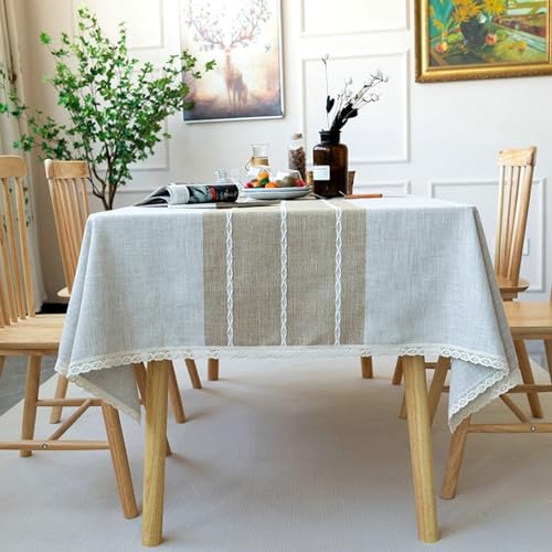 Calafee Tischdecke Klein 90x90 cm, Tischdecke Fleckenschutz Polyester 2 Personen Streifen mit Spitze Tischwäsche Esszimmer von Calefee