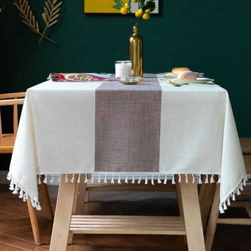 Calafee Tischdecke Klein Quadratisch 90x90 cm, Tischdecke Abwaschbar Polyester 2 Personen Kaffeefarbene Streifen mit Quasten Tischwäsche Landhausstil Deko von Calefee