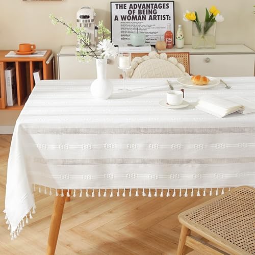 Calafee Tischdecke Klein Quadratisch 90x90 cm, Tischdecke Polyester Fleckenschutz 2 Personen Weiß mit Quasten Tischwäsche Landhausstil Deko von Calefee