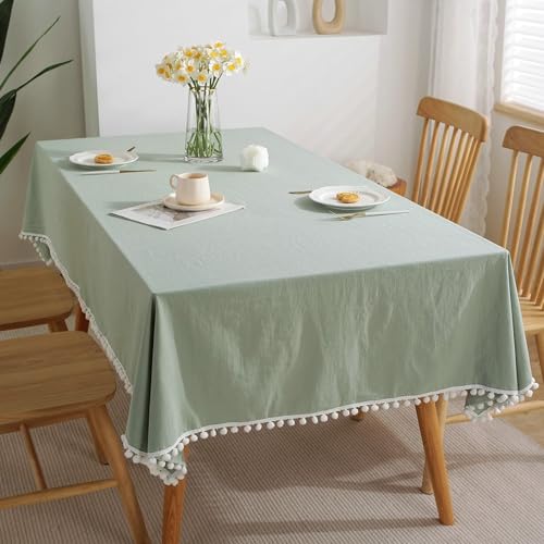 Calafee Tischdecke Kleiner Tisch 90x90 cm, Tischdecke Abwaschbar Leinen 2 Personen Einfarbig Grün mit Pompons Tischwäsche für die Küche von Calefee