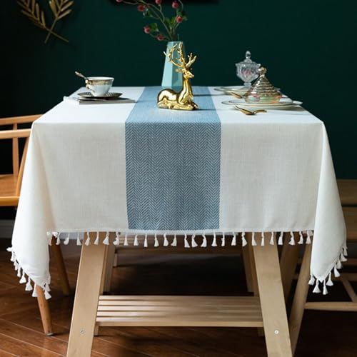 Calafee Tischdecke Rechteckig 110x170 cm, Tischdecke Polyester Fleckenschutz 4-6 Personen Blaue Streifen mit Quasten Tischtücher Hochzeit Deko von Calefee