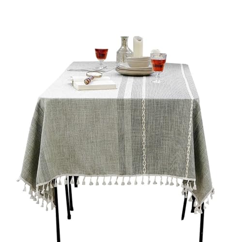 Calafee Tischdecke Rechteckig 140x140 cm, Tischdecke Polyester Fleckenschutz 2-4 Personen Graue Streifen mit Quasten Tischwäsche Landhausstil Deko von Calefee