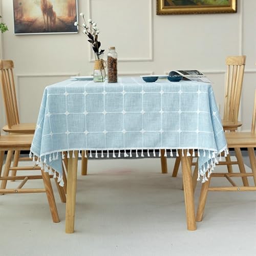 Calafee Tischdecke Rechteckig 140x200 cm, Tischdecke Polyester Abwaschbar 4-6 Personen Blaues Karomuster mit Quasten Tischdecke für Couchtisch von Calefee