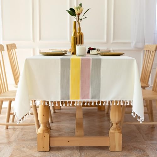 Calafee Tischdecke Rechteckig 140x220 cm, Tischdecke Fleckenschutz Polyester 6-8 Personen Mehrfarbige Streifen mit Quasten Tischtücher Hochzeit Deko von Calefee