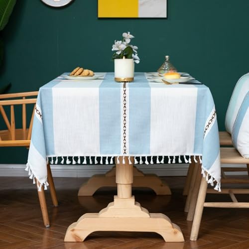 Calafee Tischdecke Rechteckig 140x240 cm, Tischdecke Abwaschbar Leinen 6-8 Personen Zweifarbige Streifen mit Quasten Tischtücher Hochzeit Deko von Calefee