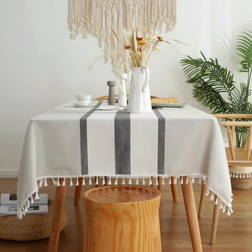 Calafee Tischdecke Rechteckig 140x240 cm, Tischdecke Polyester Abwaschbar 6-8 Personen Dunkelgraue Streifen mit Quasten Tischwäsche Landhausstil Deko von Calefee