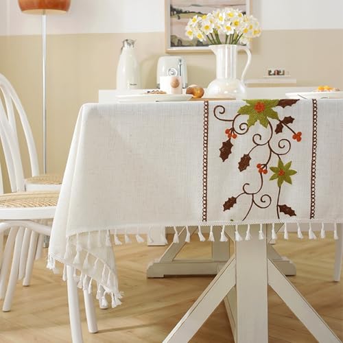 Calafee Tischdecke Rechteckig 140x240 cm, Tischdecke Polyester Fleckenschutz 6-8 Personen Blumenstickerei mit Quasten Tischwäsche Esszimmer von Calefee