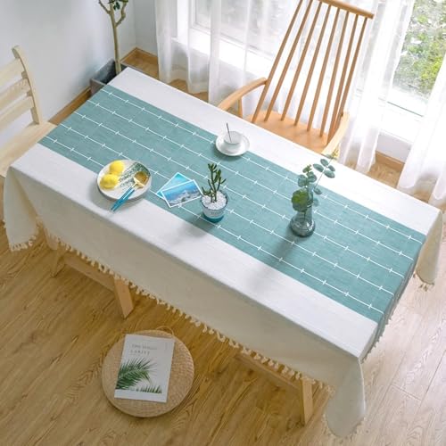 Calafee Tischdecke Rechteckig 140x260 cm, Tischdecke Fleckenschutz Polyester 6-8 Personen Grünes Karomuster mit Quasten Tischtücher Esszimmer Deko von Calefee