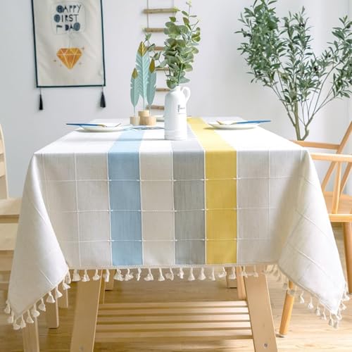 Calafee Tischdecke Rechteckig 140x260 cm, Tischdecke Polyester Abwaschbar 6-8 Personen Mehrfarbiges Plaid mit Quasten Tischdeko für die Küche von Calefee