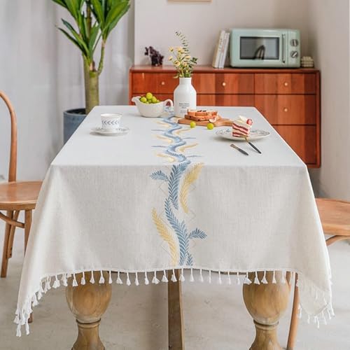 Calafee Tischdecke Rechteckig 140x300 cm, Tischdecke Abwaschbar Leinen 8-10 Personen Blätter mit Quasten Bestickt Tischtücher Hochzeit Deko von Calefee